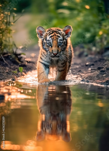Junger tolpatschiger Tiger läuft durch eine Wasserpfütze, Generative KI photo