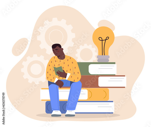Man studying concept. Young guy sits with book in his hands near light bulb. Education, learning and training. Student preparing for test or examination. Cartoon flat vector illustration