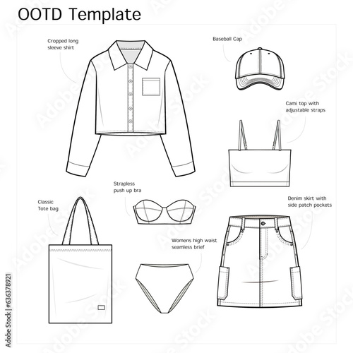 Stylish Denim mini Skirt Outfit. OOTD template. technical fashion illustration. shirt, Denim Skirt, baseball cap, Camisole top, Tote bag, seamless brief, strapless bra, vector template, set CAD mockup