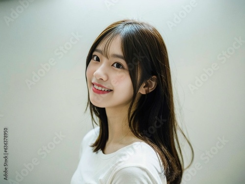 Profile view of a Beautiful Asian Japanese Girl 19-26 years old in a white t-shirt, looks at at the side on White Background. generative AI