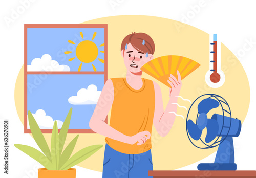 Man in hot weather concept. Young guy with hand and table fan indoor. Sunny summer day and high thermometer. Character with cooling system at home. Cartoon flat vector illustration