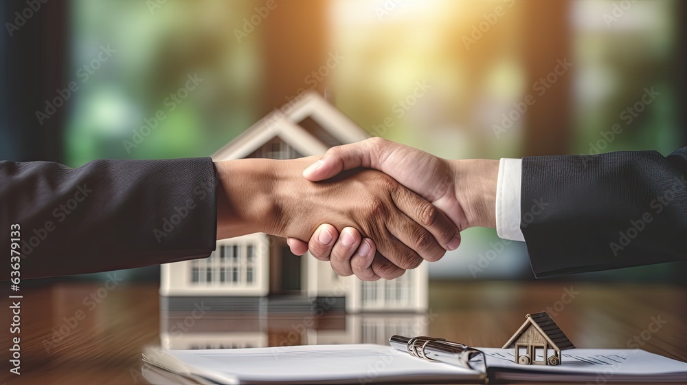 lease, rental and selling home. Dealership manager handshake customer to the new homeowner. rent house, Sales, loan credit financial, insurance, Seller, dealer, installment gen by AI - obrazy, fototapety, plakaty 