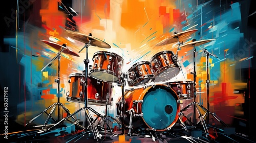 Canvas Print Generative AI, Jazz music street art with drums musical instrument silhouette