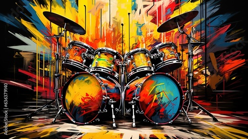 Billede på lærred Generative AI, Jazz music street art with drums musical instrument silhouette