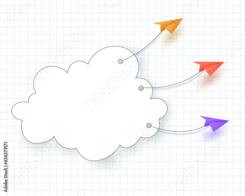 Multi-colored paper planes fly with a cloud against the background of a checkered notebook. Template for your information.