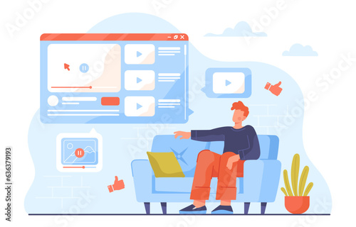 Man watching online video concept. Young guy on sofa watch tv, television. Video hosting and social media. Character with multimedia and movies, series. Cartoon flat vector illustration © Rudzhan
