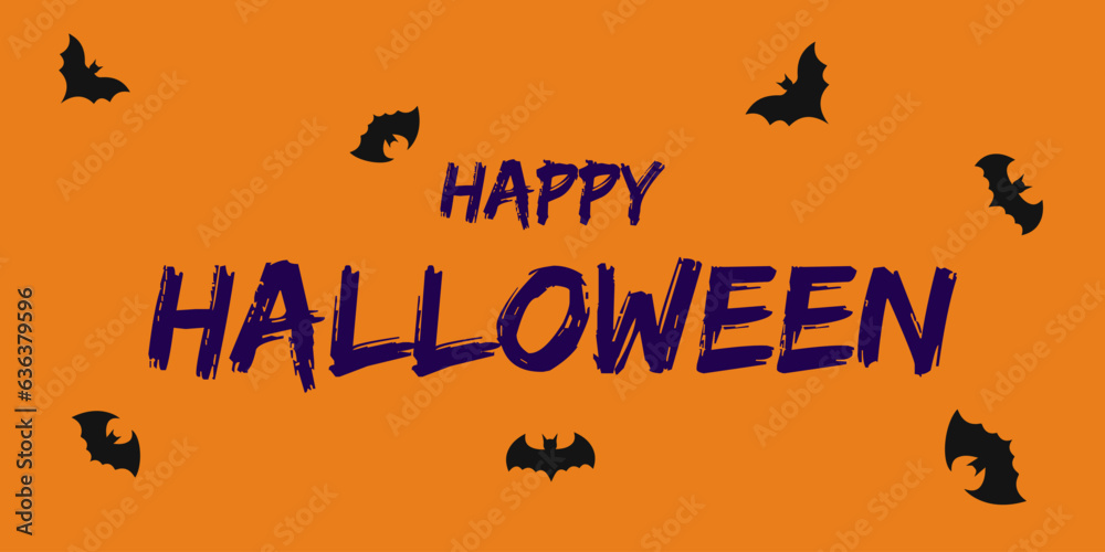 orange banner with the phrase Happy Halloween, bats. Vector illustration