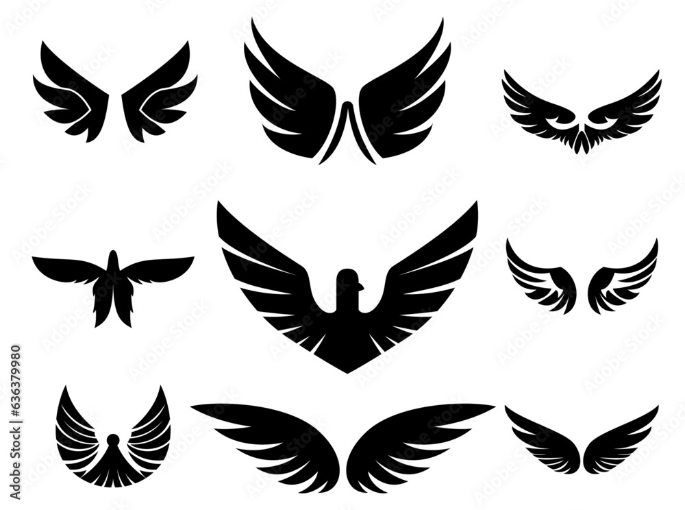 Set of Wings icons, Wings logo templates stock vector illustrations, pairs of Bird, angel or eagle wings clip art, logo icon or symbol stock vector image
