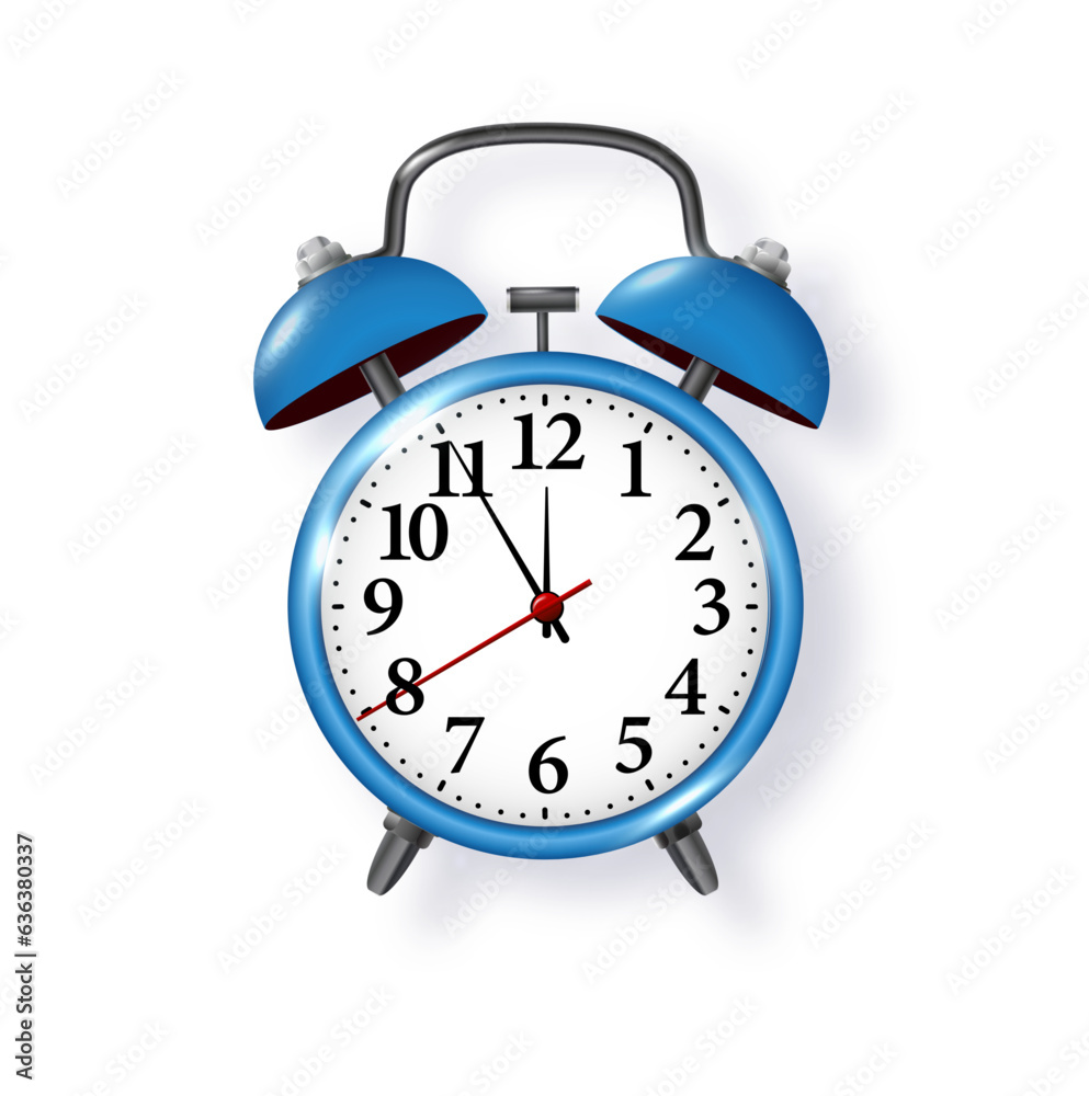 Blue alarm clock on white background. Vector metal vintage ringing alarm clock on bright white background. Modern design 3d rendering. Vector Blue alarm clock on white background. Vector metal vintage ringing alarm clock on bright white background. Modern design 3d rendering. Vector