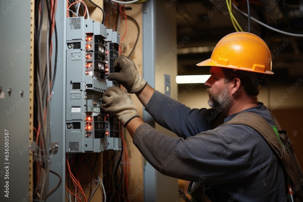 Electrician fixing electrical panel doing electrical testing and repairs. Electrician fixing electrical panel doing electrical testing and repairs.
