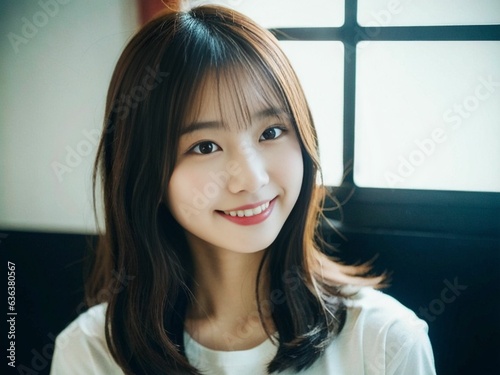 A polite and beautiful Japanese/Asian girl wearing a white round neck t-shirt as she looks at the angle slightly off the camera, her warm smile radiating joy and positivity. In a room. generative AI.