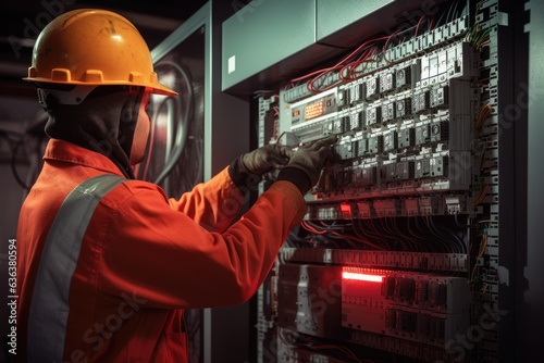 Electrician fixing electrical panel doing electrical testing and repairs.