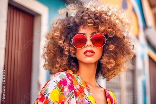 Portrait of a beautiful girl in sunglasses with lush red hair.