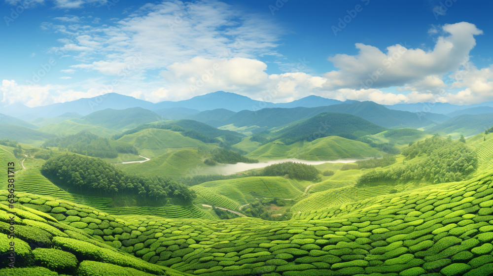 tea plantation against the blue sky in the morning. scenery. Generative Ai.