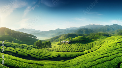 beautiful panorama of the landscape of tea plantations in the rays of the morning sun against the blue sky in the mountains. Generative Ai.