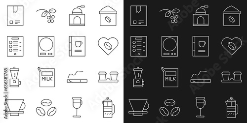 Set line French press, Coffee cup to go, Lovers, Manual coffee grinder, Electronic scales, menu, Bag beans and book icon. Vector