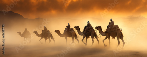 Camel caravan caught in a sandstorm. Generative Ai.
