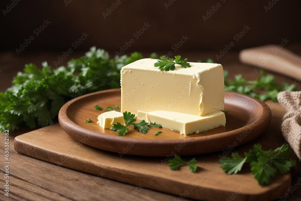 butter  with parsley in a wooden plate, kitchen background 