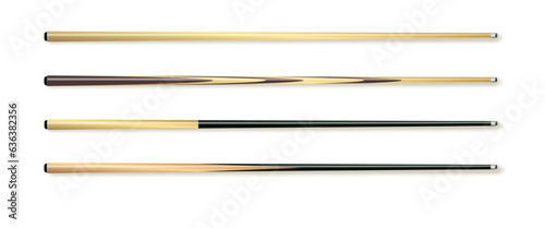 Cues for billiard, snooker realistic templates. Wooden sticks with various design for cuesports. Vector