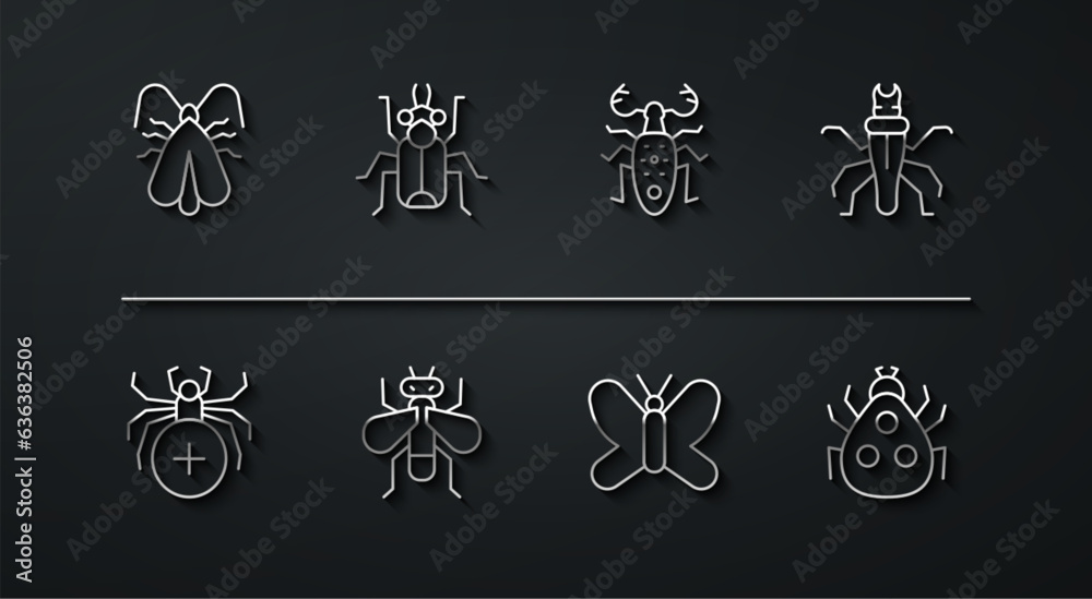 Set line Clothes moth, Spider, Termite, Butterfly, Insect, Beetle bug, Ladybug and deer icon. Vector