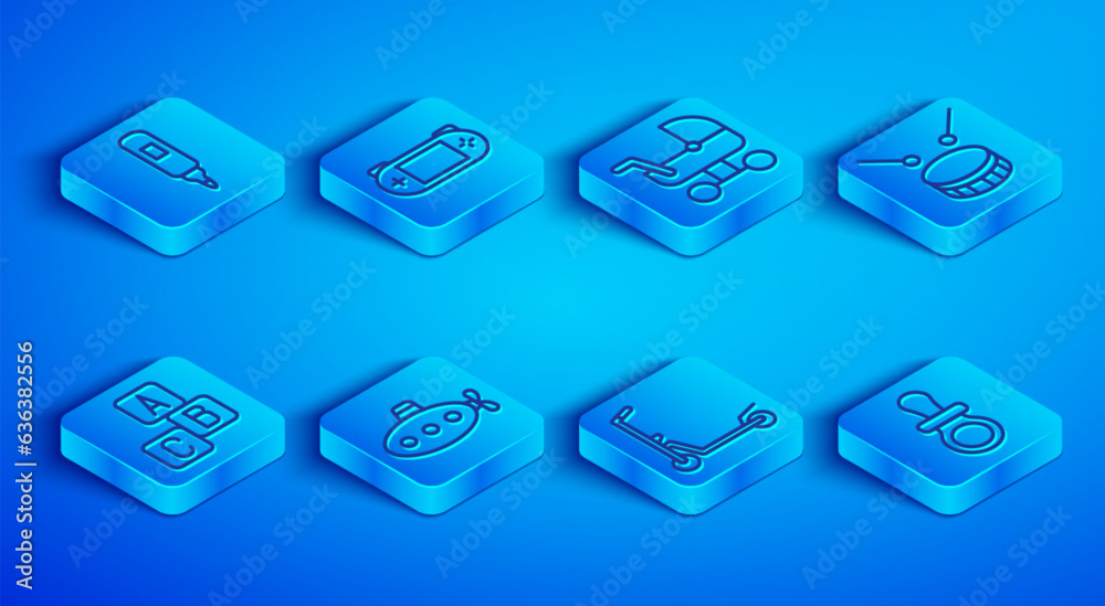 Set line Marker pen, Portable video game console, Baby stroller, Submarine toy, Scooter, Drum with drum sticks, ABC blocks and dummy pacifier icon. Vector Set line Marker pen, Portable video game console, Baby stroller, Submarine toy, Scooter, Drum with drum sticks, ABC blocks and dummy pacifier icon. Vector