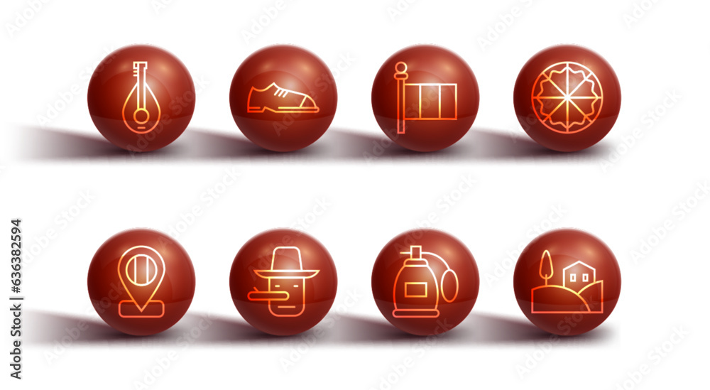 Set line Mandolin, Location flag Italy, Pizza, Perfume, Pinocchio, Men shoes, Village landscape and Flag icon. Vector Set line Mandolin, Location flag Italy, Pizza, Perfume, Pinocchio, Men shoes, Village landscape and Flag icon. Vector