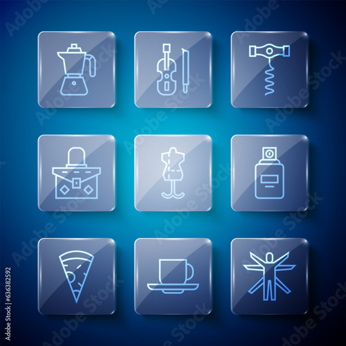 Set line Slice of pizza, Coffee cup, Vitruvian Man, Wine corkscrew, Mannequin, Handbag, moca pot and Perfume icon. Vector