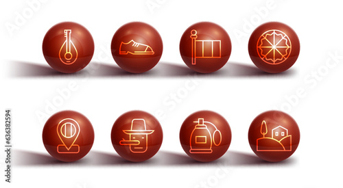 Set line Mandolin, Location flag Italy, Pizza, Perfume, Pinocchio, Men shoes, Village landscape and Flag icon. Vector