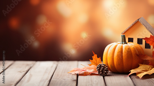 Toy house with pumpkin on a wooden table in the autumn garden. Generative AI.