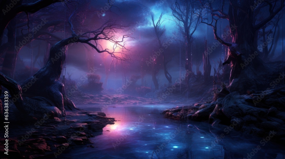 Mystical night, fantasy dark winter forest.
