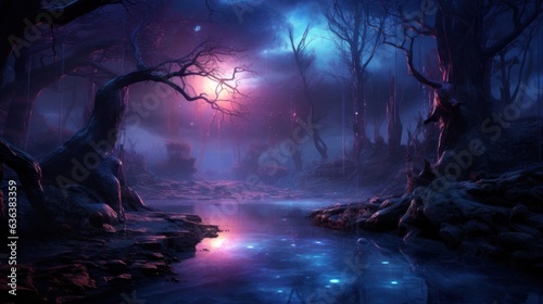 Mystical night, fantasy dark winter forest.
