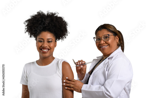 a health worker vaccinates a young girl, they are smiling, white background