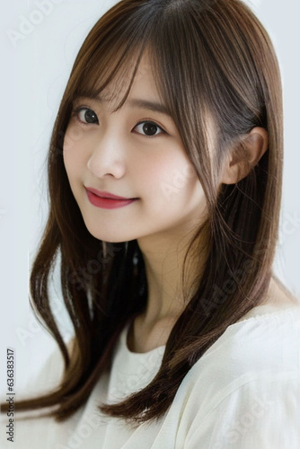  A polite and beautiful Japanese/Asian girl wearing a white round neck t-shirt as she looks at the angle slightly off the camera, her warm smile radiating joy and positivity. In a room. generative AI.