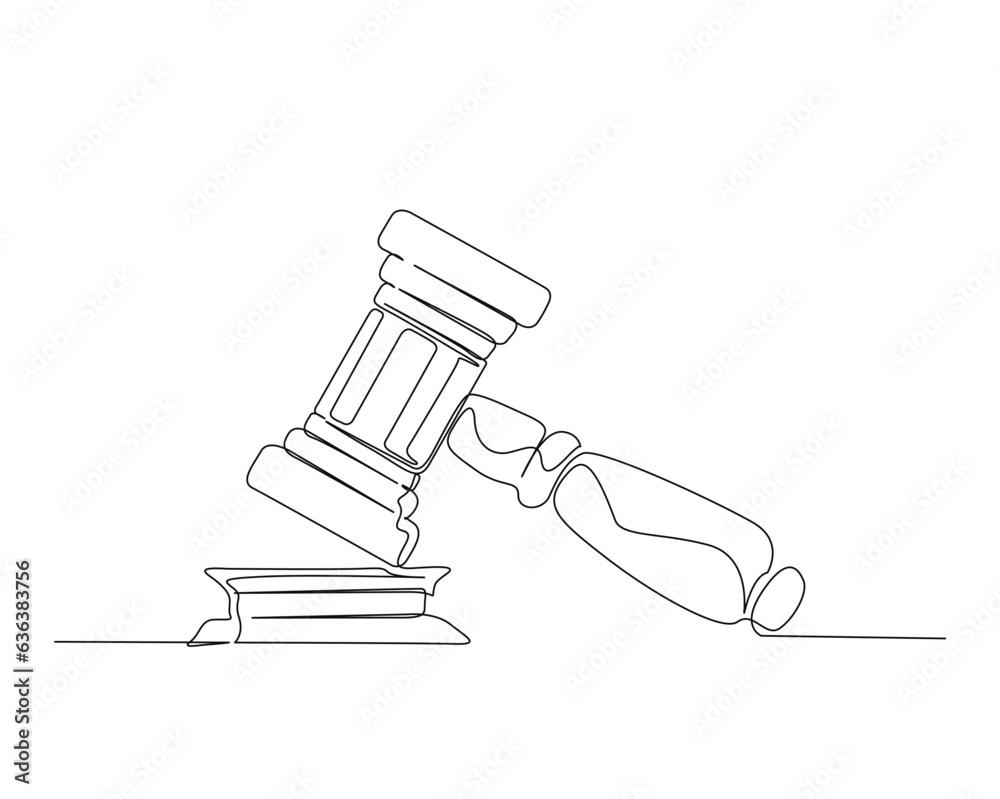 Continuous one line drawing of Judge's hammer over the the block. Law