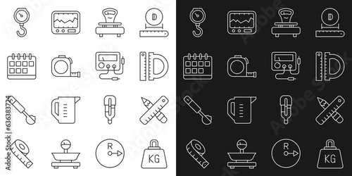 Set line Weight, Crossed ruler and pencil, Protractor, Scales, Roulette construction, Calendar, Hand scale spring mechanical and Multimeter, voltmeter icon. Vector