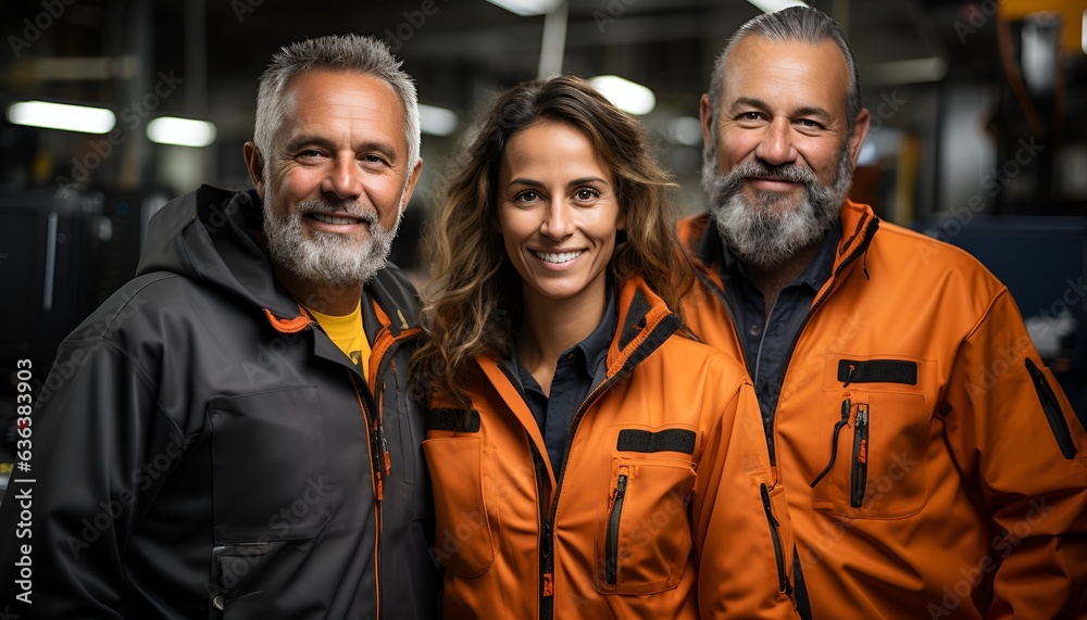 3 people working in an industry with work and safety clothes 3 people working in an industry with work and safety clothes