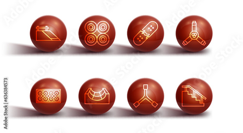 Set line Skate park, Skateboard wheel, Y-tool, stairs with rail and Broken skateboard deck icon. Vector