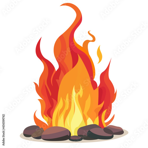 Burning campfires flames flat style vector illustration, Camp Fire on rocks, pebbles flat style stock vector image, isolated on white background photo