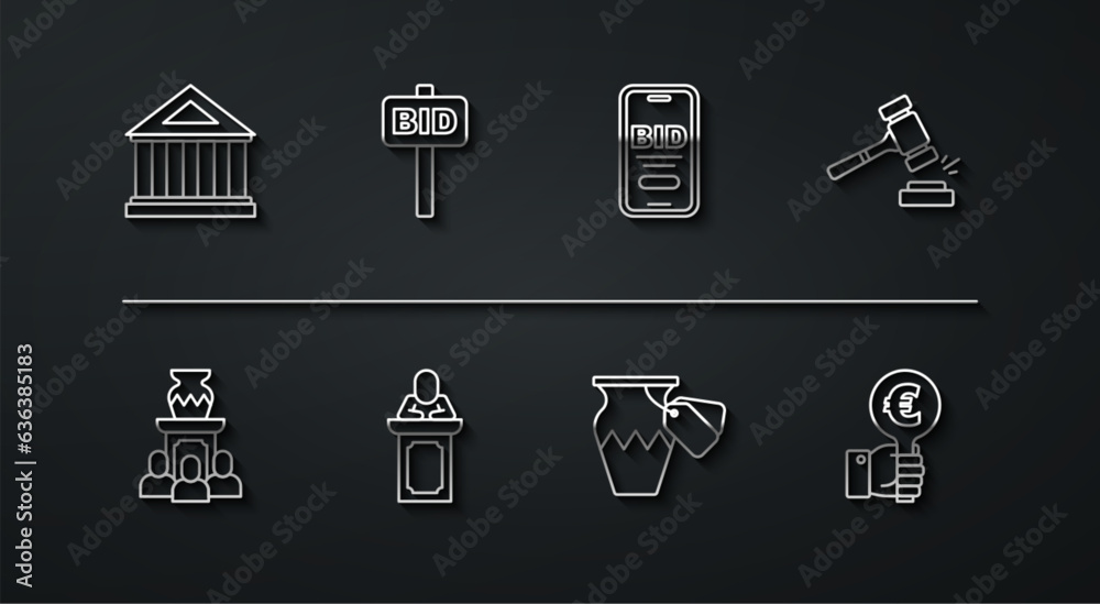 Set line Museum building, Auction ancient vase, hammer, auctioneer sells, Hand holding paddle, and Online icon. Vector Set line Museum building, Auction ancient vase, hammer, auctioneer sells, Hand holding paddle, and Online icon. Vector