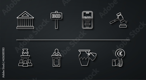Set line Museum building, Auction ancient vase, hammer, auctioneer sells, Hand holding paddle, and Online icon. Vector