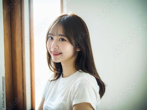 A beautiful Japanese/Asian girl wearing a white round neck t-shirt as she looks at the angle slightly off the camera, her warm smile radiating joy and positivity. In a bedroom. generative AI.