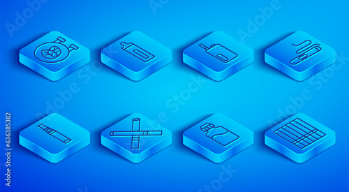 Set line Tobacco leaf shop, Electronic cigarette, Cigarette, Vape liquid bottle, and icon. Vector