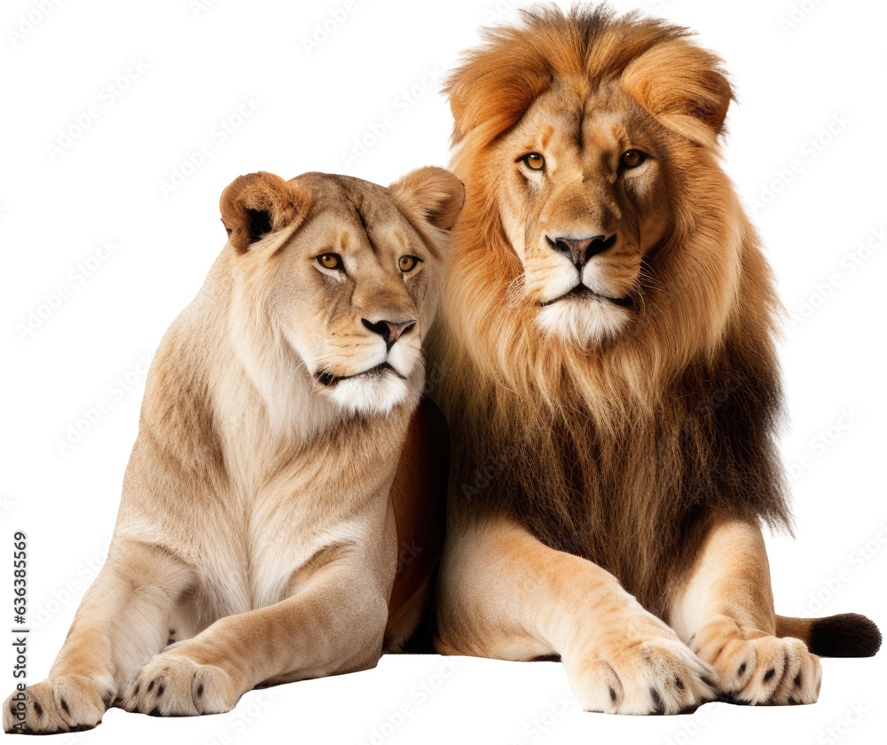 african lion and lioness cuddeling isolated on a white background as transparent PNG, animals