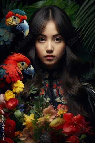 Mysterious Jungle Maiden: Young Woman with Big Brown Eyes, Long Hair, Holding a Bird and Adorned with a Floral Wreath, Captured in Ektachrome Emulating Fernand Khnopff’s Emotive Portraiture Style. photo