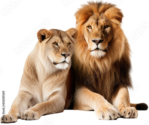 african lion and lioness cuddeling isolated on a white background as transparent PNG, animals