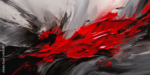Dramatic abstract image featuring bold red stroke on clean, contrasting gray background, encapsulating visual intrigue with unexpected textures and intense color.