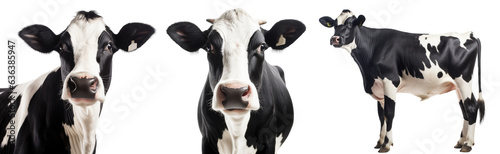 Collection of three black and white cows, animal bundle isolated on a white background as transparent PNG
