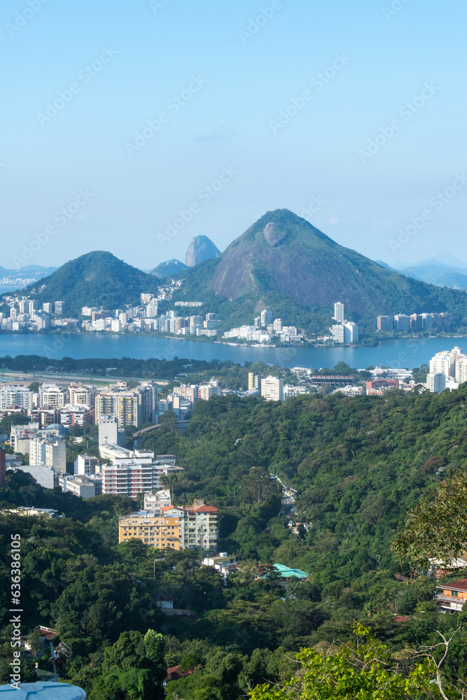 Brazil: the postcard skyline of Rio de Janeiro seen from Rocinha, the most famous favela of the city, with view of mountains, skyscrapers, lagoon, Guanabara Bay and Atlantic Ocean
