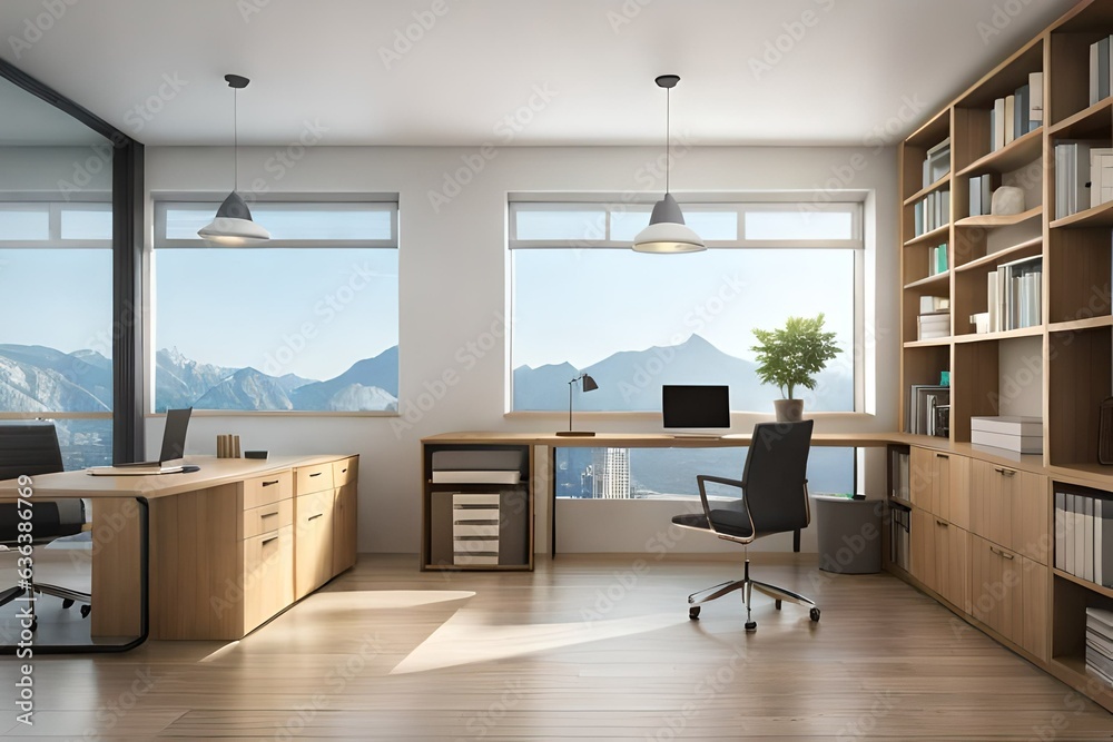 Fototapeta premium modern home office interior with windows built in wooden shelves and laptop placed on desk