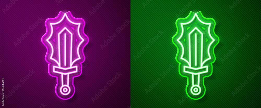Glowing neon line Magic sword in fire icon isolated on purple and green background. Fiery sword. Magic weapon of knight, sorcerer, magician. Fire spell. Burning blade. Vector